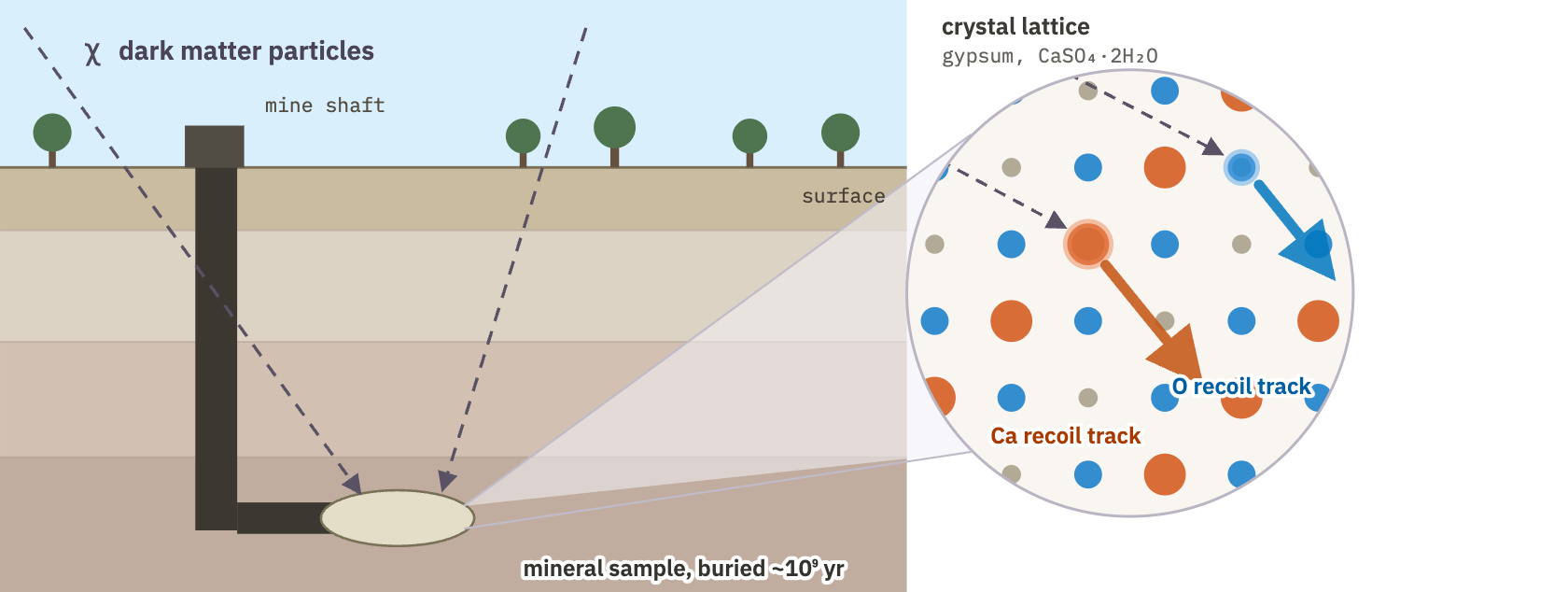 A mineral sample buried in a mine shaft, and the Ca and O recoil tracks a dark matter particle leaves in its gypsum lattice
